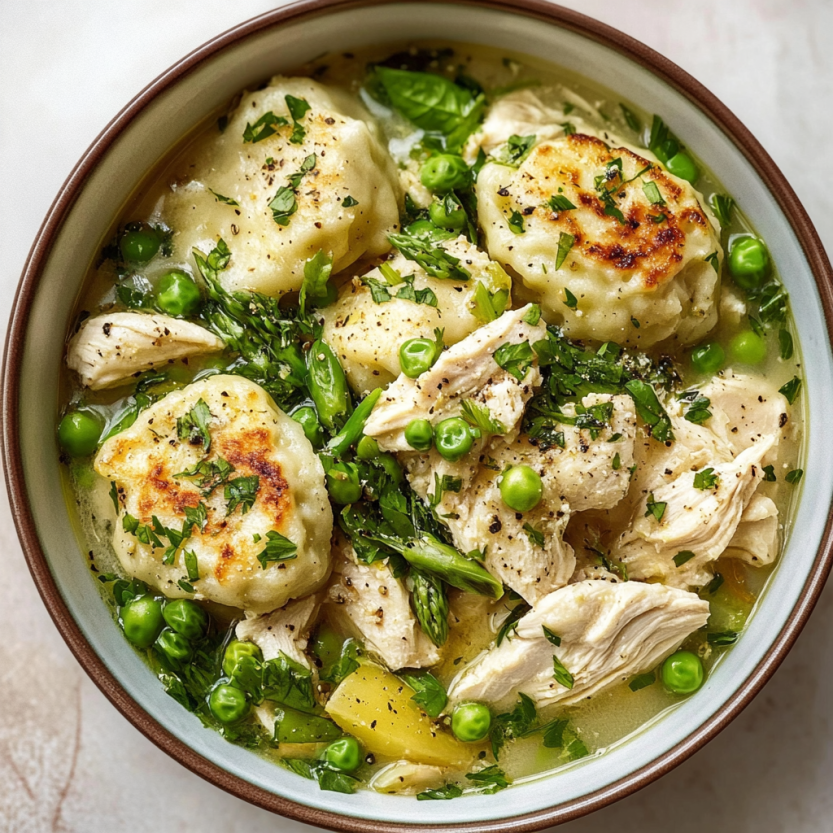 Une assiette de chicken et de dumplings, avec des légumes verts et des herbes, est servie sur une table.