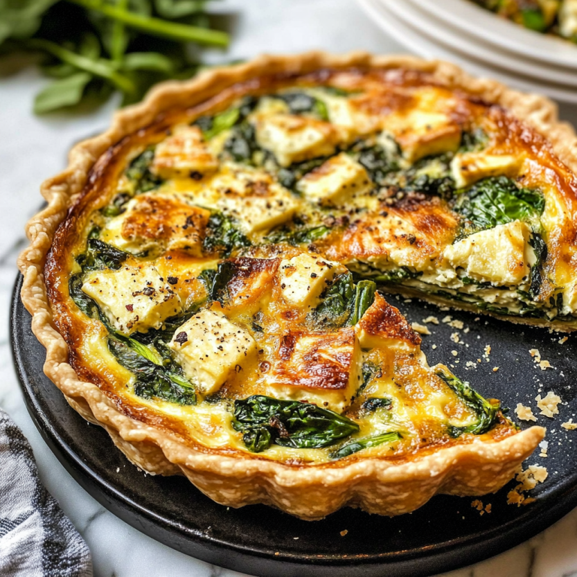A spinach and asparagus tart is plated and ready to eat.