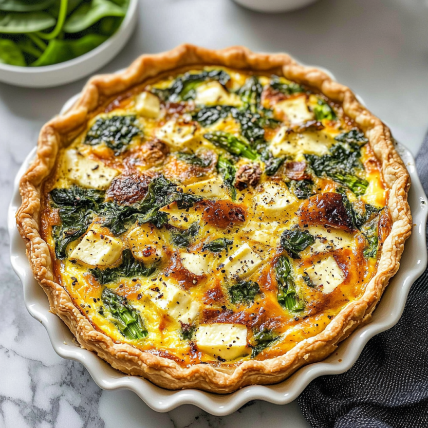A spinach asparagus tart served on a tray.
