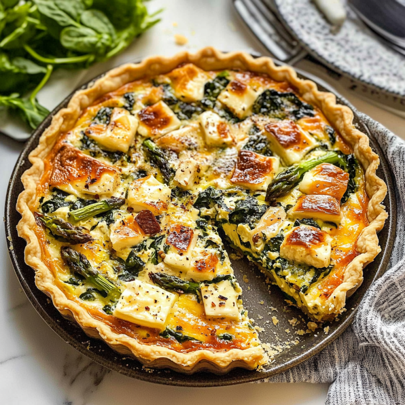 A spinach asparagus tart served on a tray.