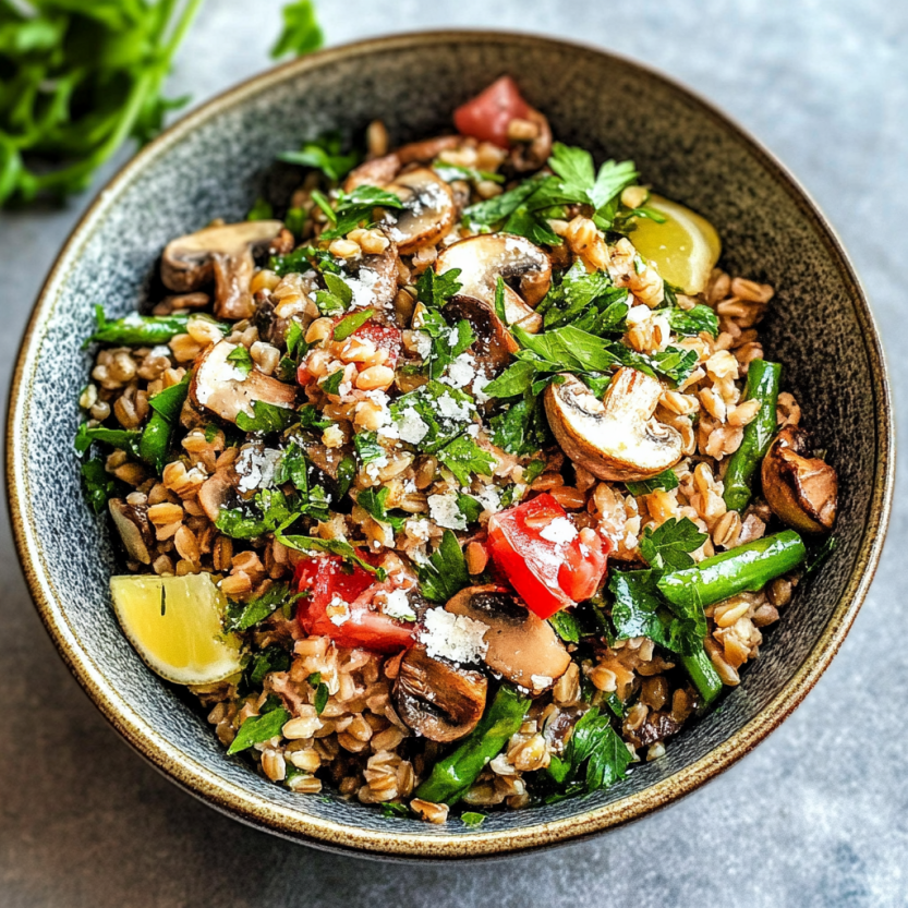 A plate piled with farro, mushrooms, and asparagus.
