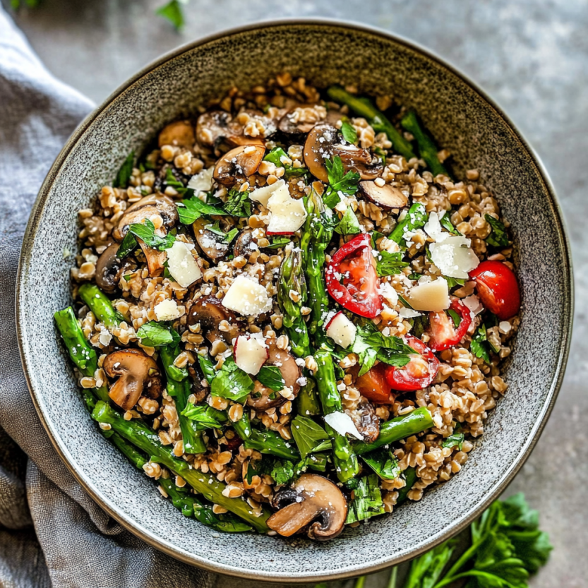 A plate of farro topped with mushrooms and spinach.