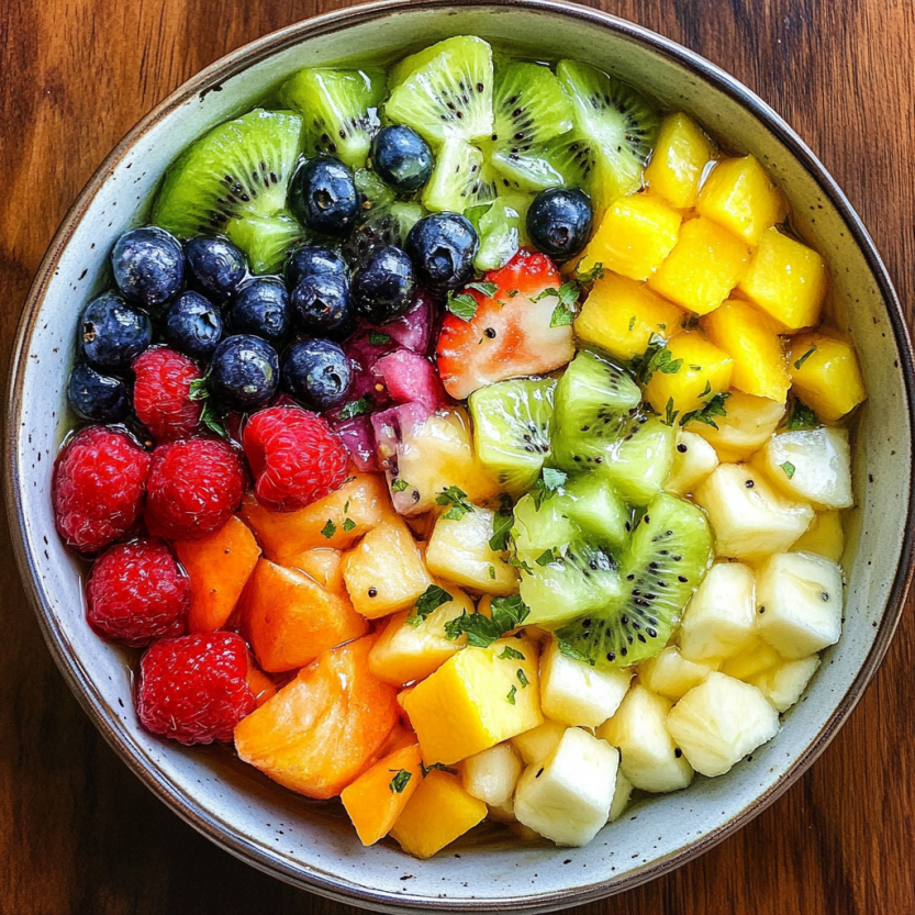 A plate loaded with colorful fruit—think strawberries, kiwi, mango, grapefruits, bananas, and oranges—plus a sweet honey-lime sauce on the side.