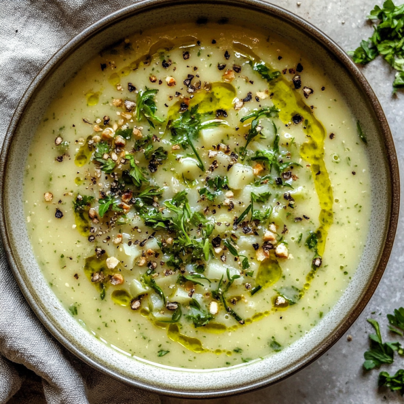A bowl of thick, slightly chunky leek soup without any potatoes and topped with crunchy bits.