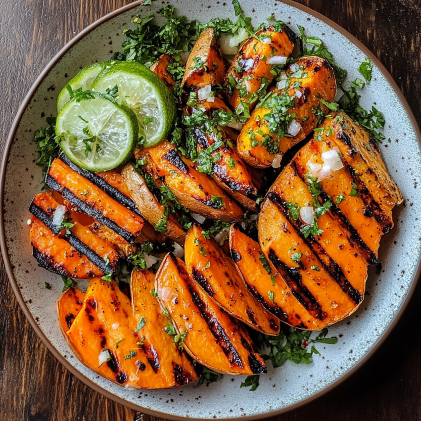 A plate holding charred sweet potatoes with herbs alongside some veggies.
