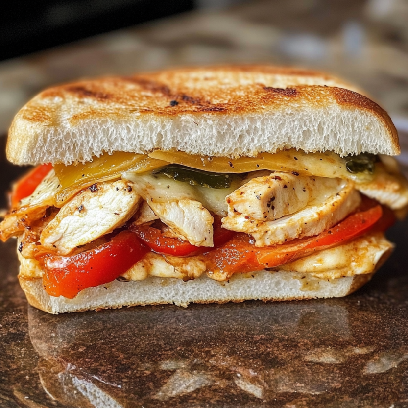 A chicken, tomato, and mozzarella sandwich on bread.