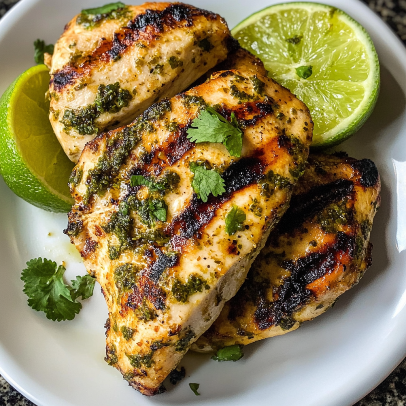 Chicken grillé avec des herbes et des citrons verts.