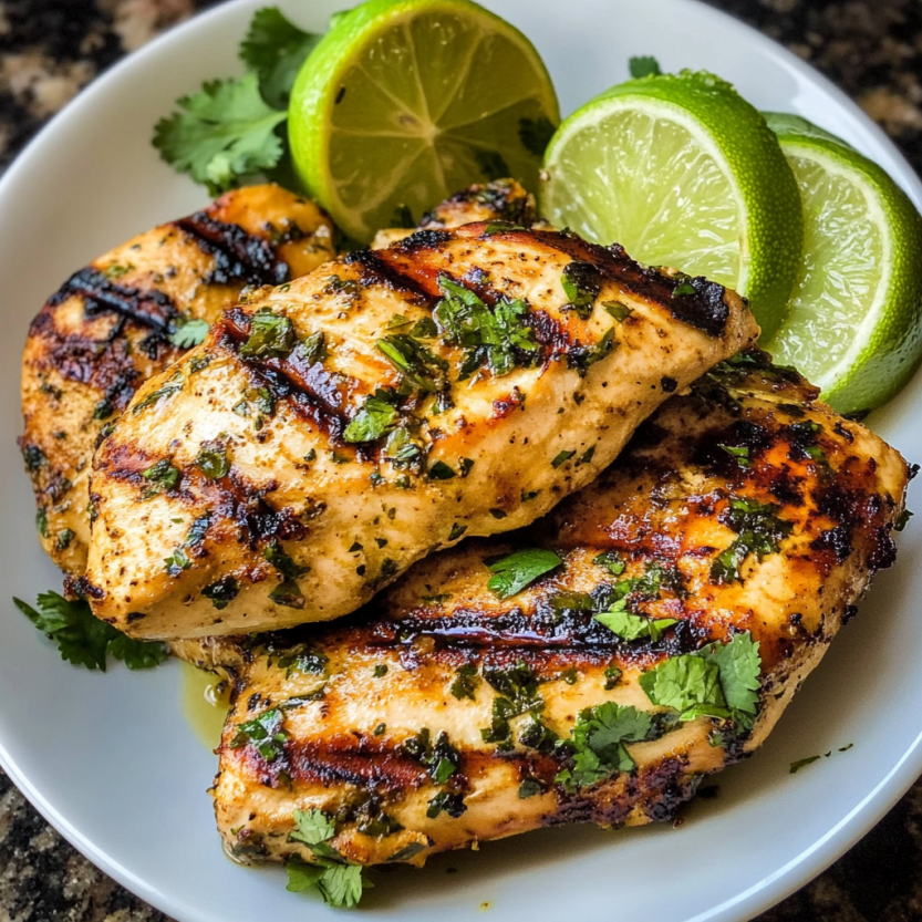 A plate with grilled chicken topped with spring herbs and lime wedges.