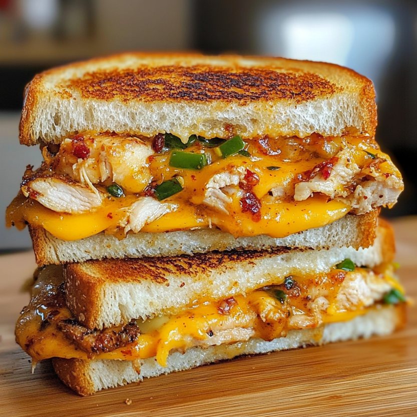 Un sandwich grillé farci de poulet et de fromage fondant.