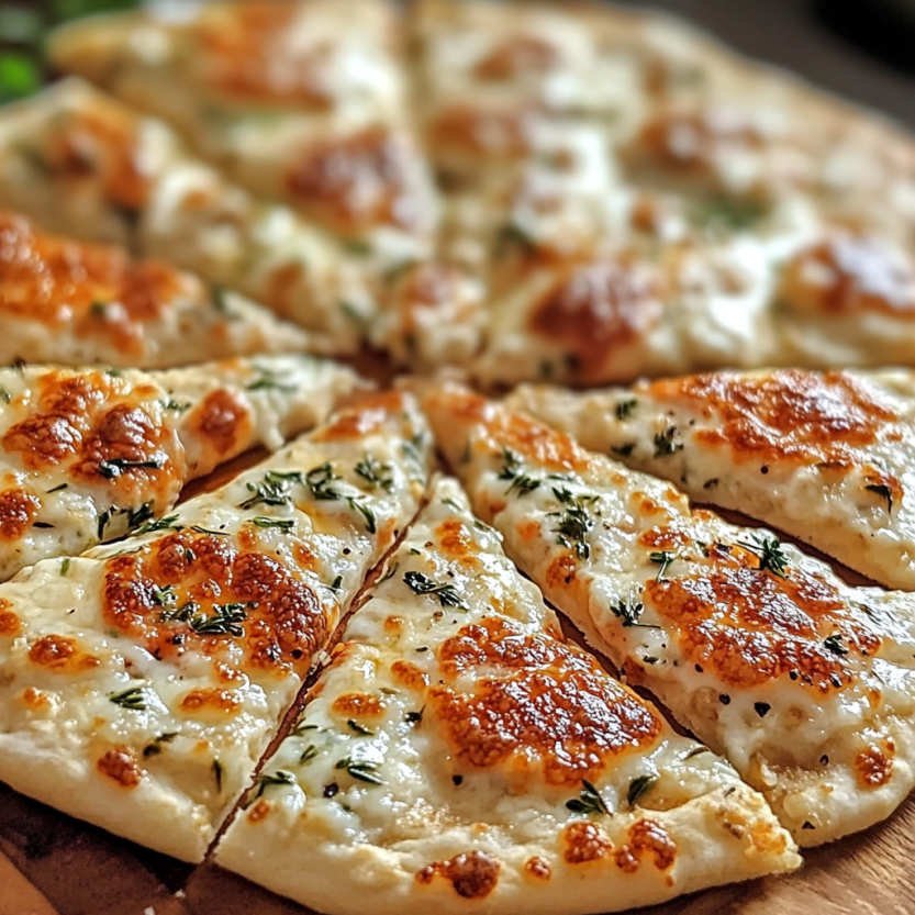Une pizza de pâte à pizza maison, faite de pâte à pizza, de fromage et de herbes.