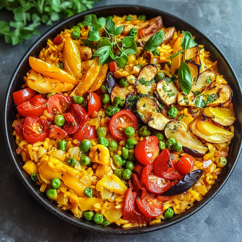 A bright veggie and rice paella served in a bowl, looking loaded with color and flavor.