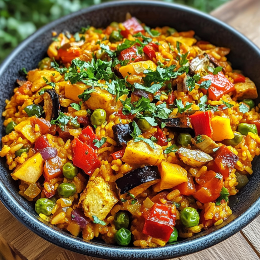 Un plat de paella coloré et varié, avec des légumes et des épices, est prêt à être mangé.