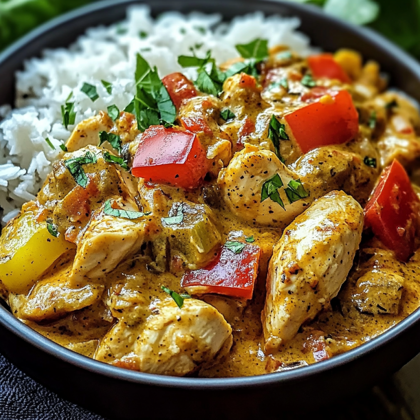 A bowl of Jamaican curry chicken is served on a plate.