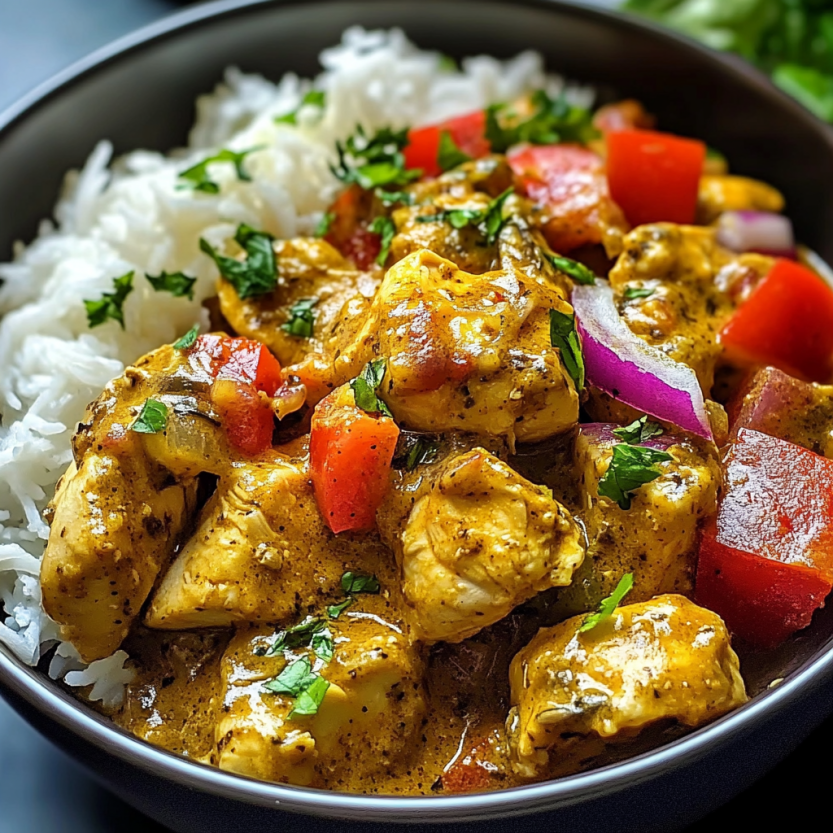 Un plat de curry de poulet jamaïcain avec des légumes et des herbes.