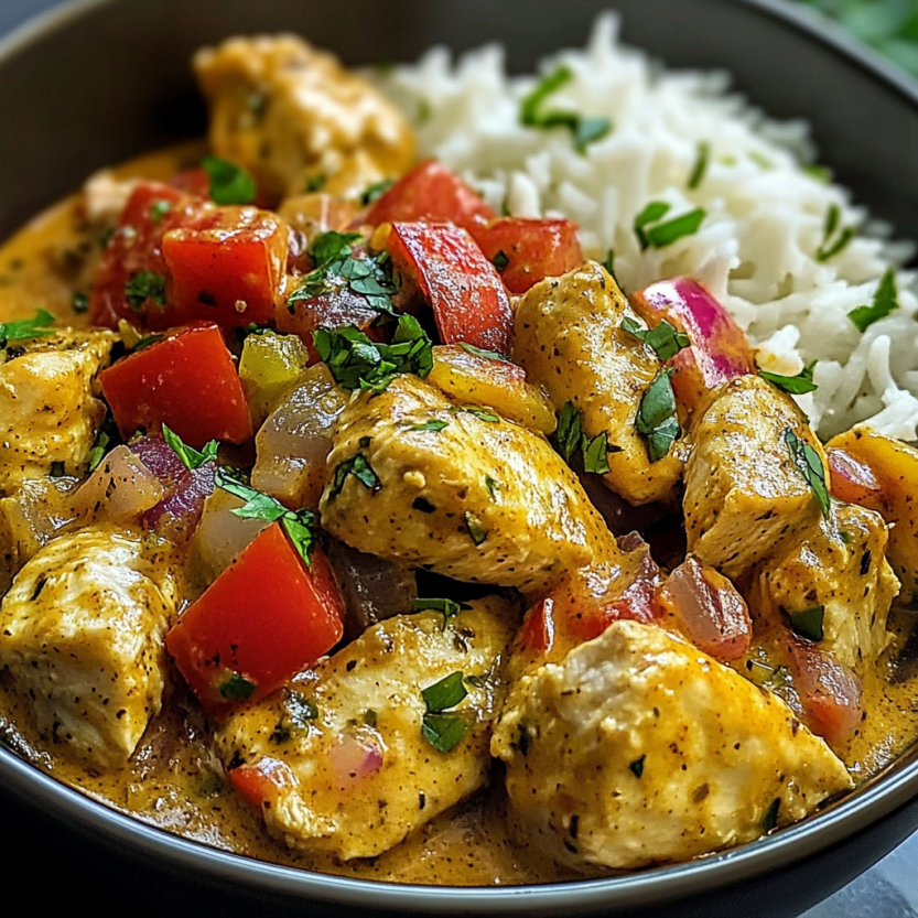 Une assiette de curry de poulet jamaïcain avec des légumes.