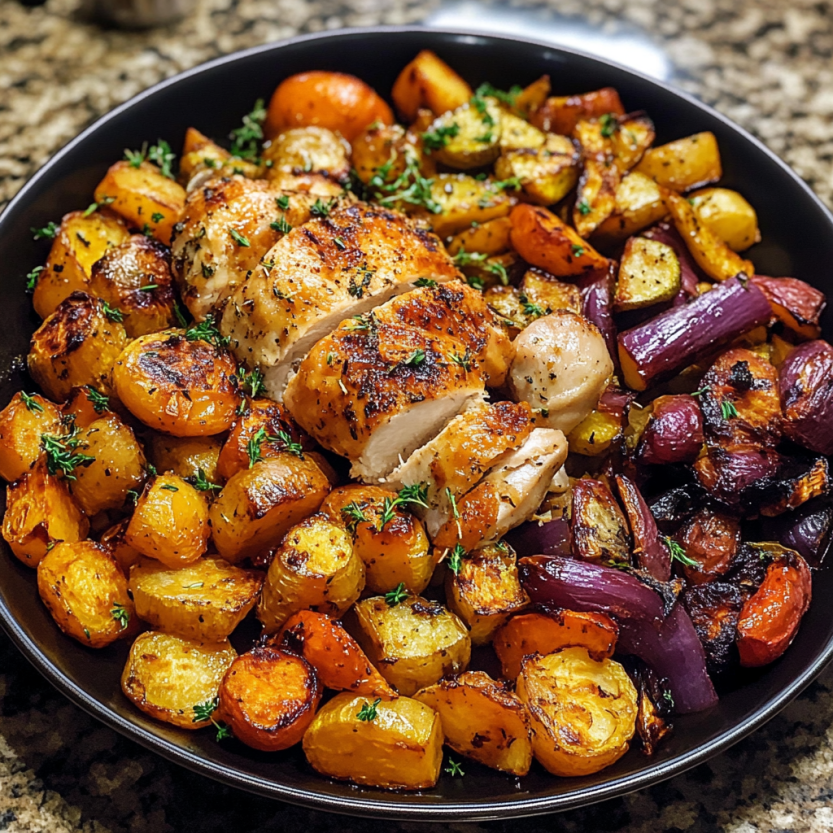 A plate loaded up with roasted chicken, veggies, carrots, and smooth mashed potatoes.