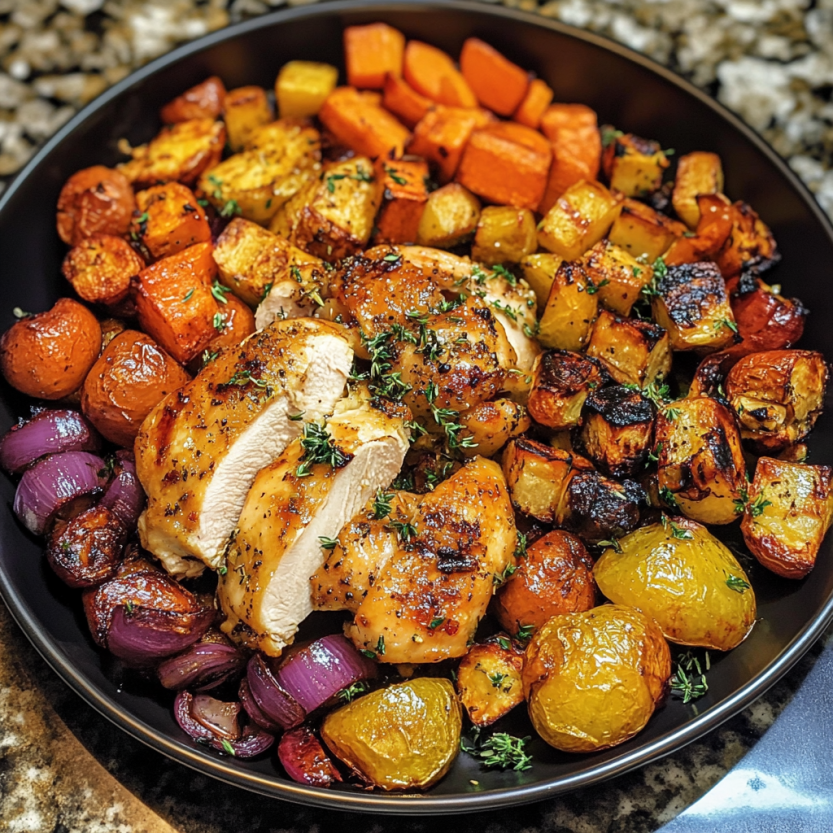 Une assiette de nourriture composée d'un poulet et de légumes rôtis.