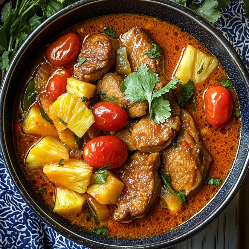 A plate of duck curry with pineapple and cherry tomatoes.
