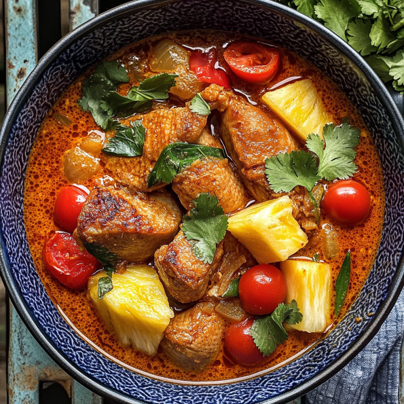 A bright plate with cherry tomatoes, chunks of pineapple, and duck in curry sauce.
