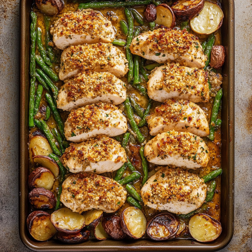 Une assiette de diner de poulet parmesan crusté avec des légumes verts.
