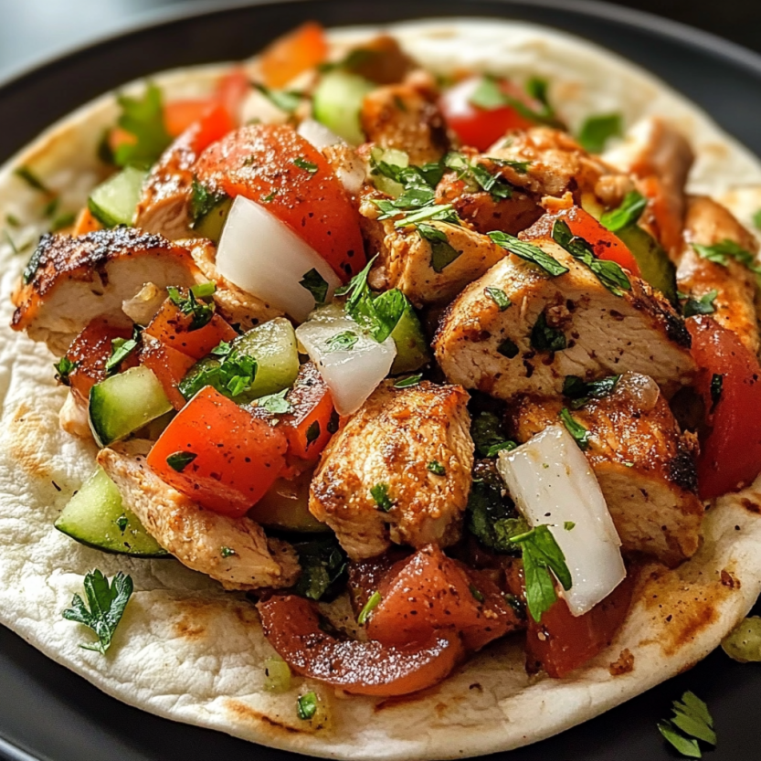 Mouthwatering plate with Greek gyros toppings, grilled meat, and colorful veggies.