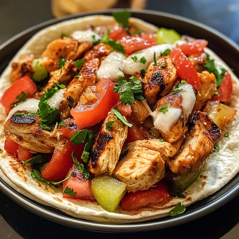 Une image de plat de greek chicken gyros avec des légumes et des herbes.