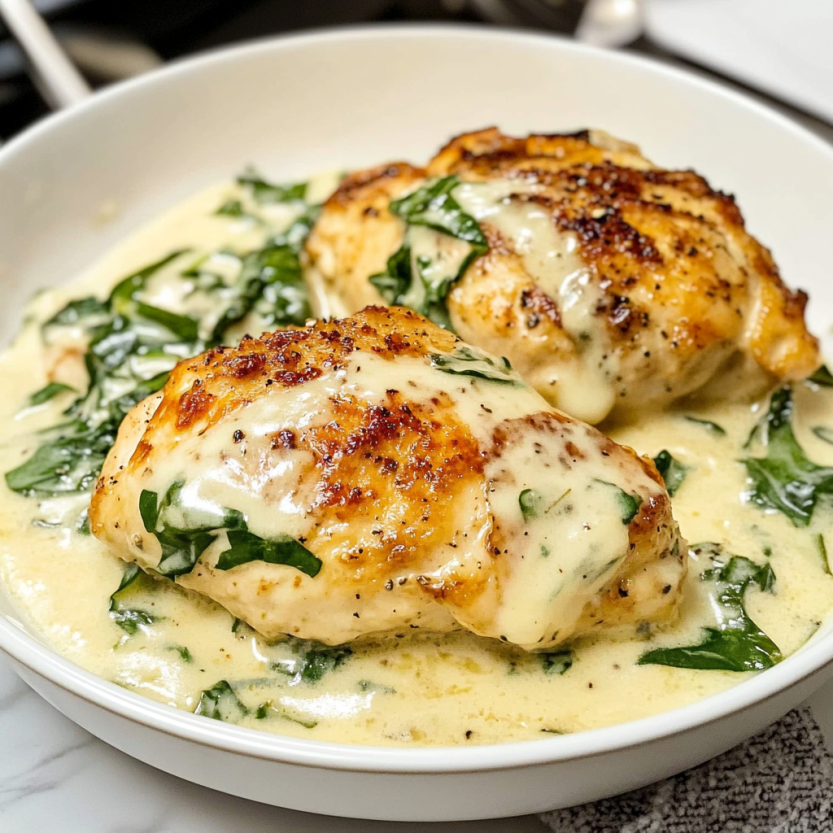 A plate of chicken florentine with bright green veggies.