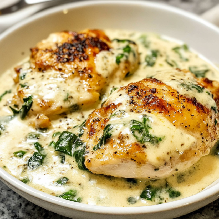 A plate of chicken florentine next to fresh greens.