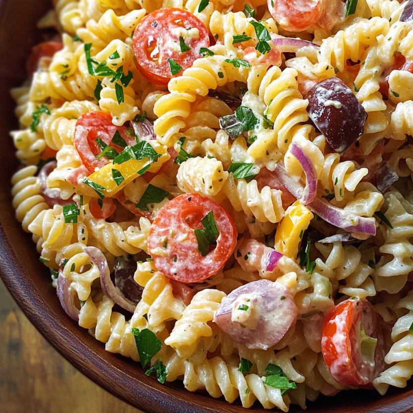 Une salade de pâtes facile avec des tomates, des oignons, des olives et des herbes.