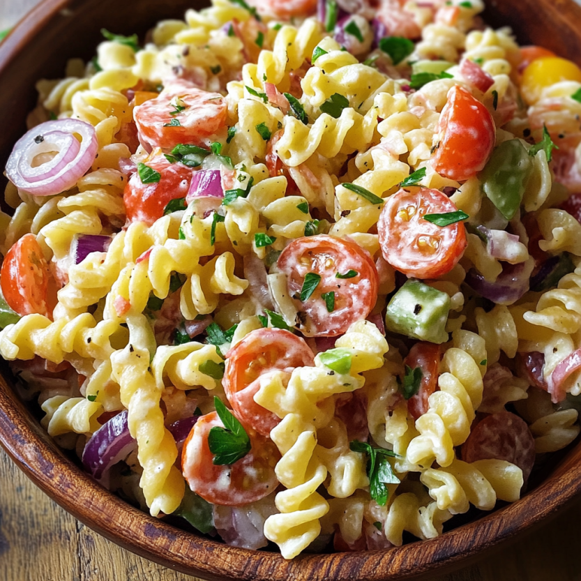 A relaxed pasta salad with tomatoes, cucumbers, onions, herbs, and curly pasta.