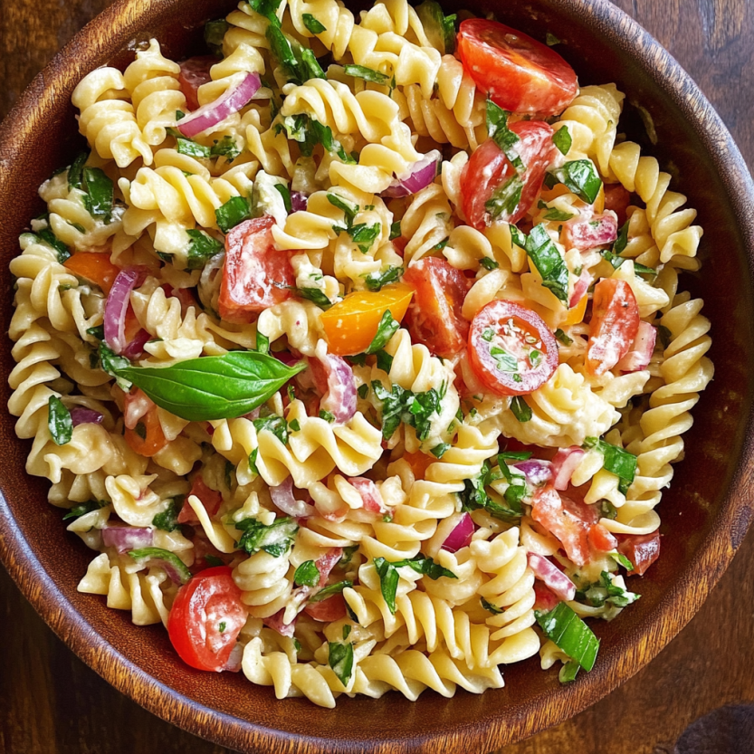 Une salade de pâtes facile avec des tomates, des épinards et des herbes.
