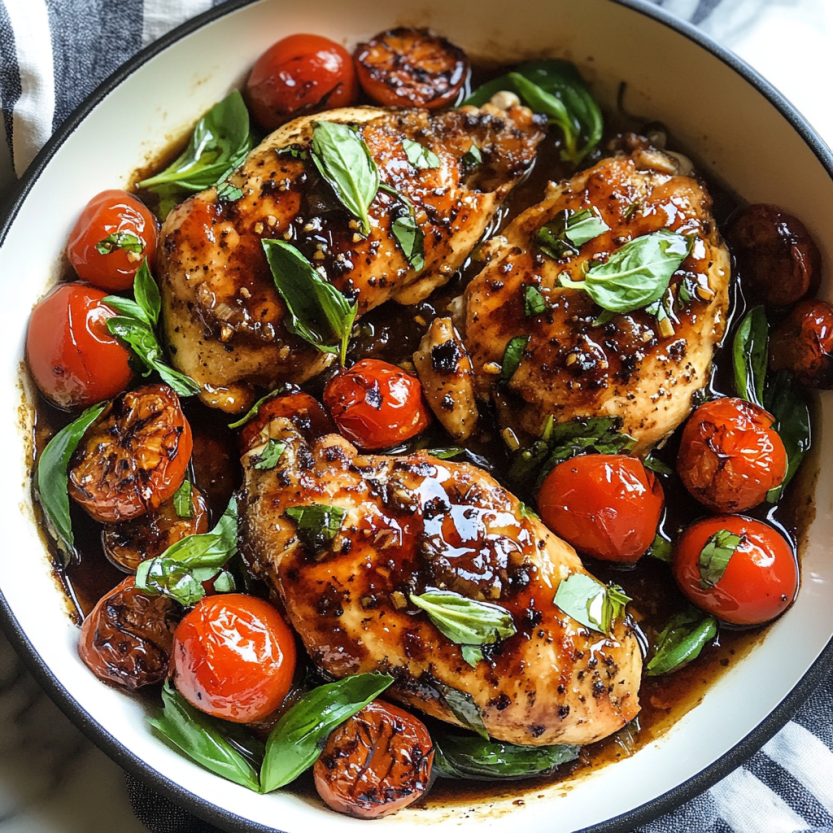 Un plat de poulet doré avec tomates et herbes sur le dessus.