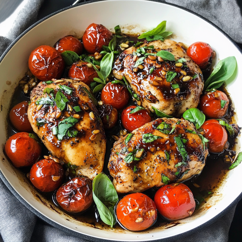 Un plat garni de poulet rôti, tomates et feuillages verts.