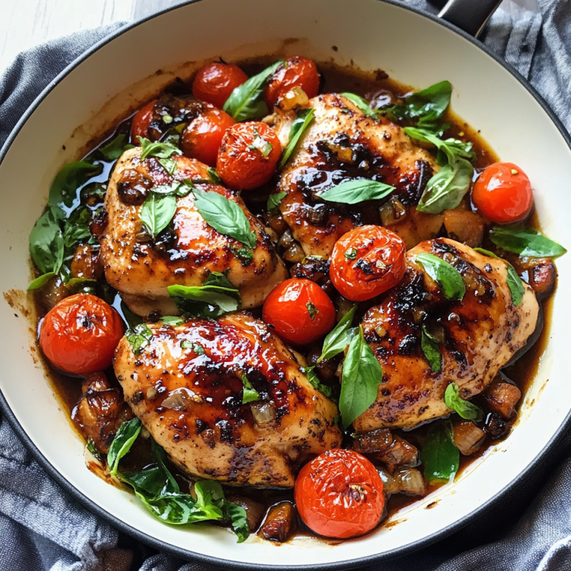 Une panne remplie de poulet nappé d'une sauce balsamique.