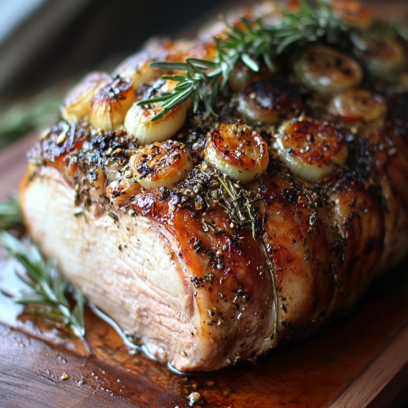 Un rôti de porc aux herbes et à l’ail, prêt à cuire.