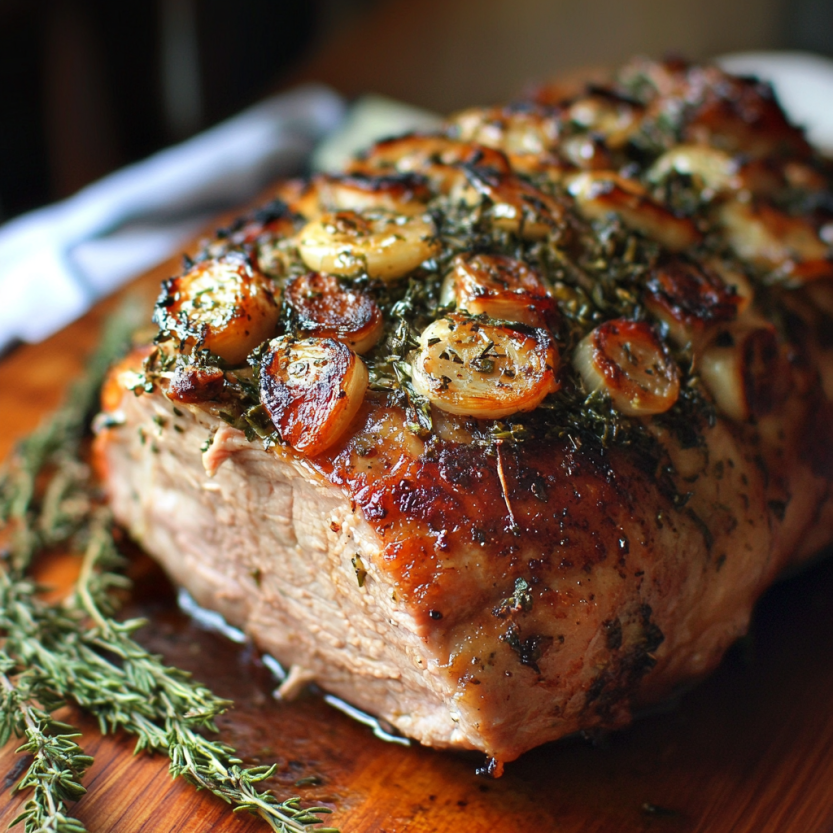 A grilled pork loin topped with herbs and onions.