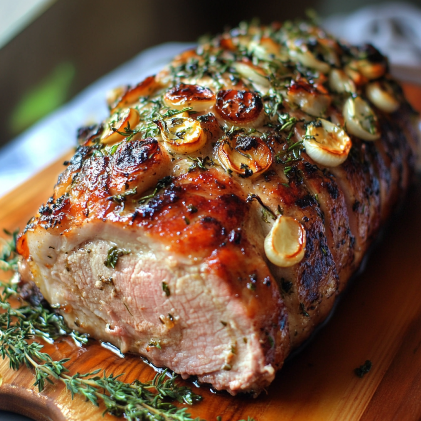De la viande croustillante garnie d’herbes et d’ail.