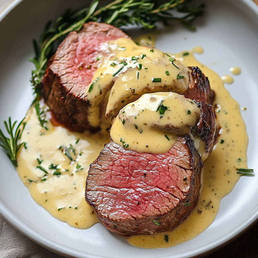 A slice of beef fillet topped with an easy Bearnaise sauce.