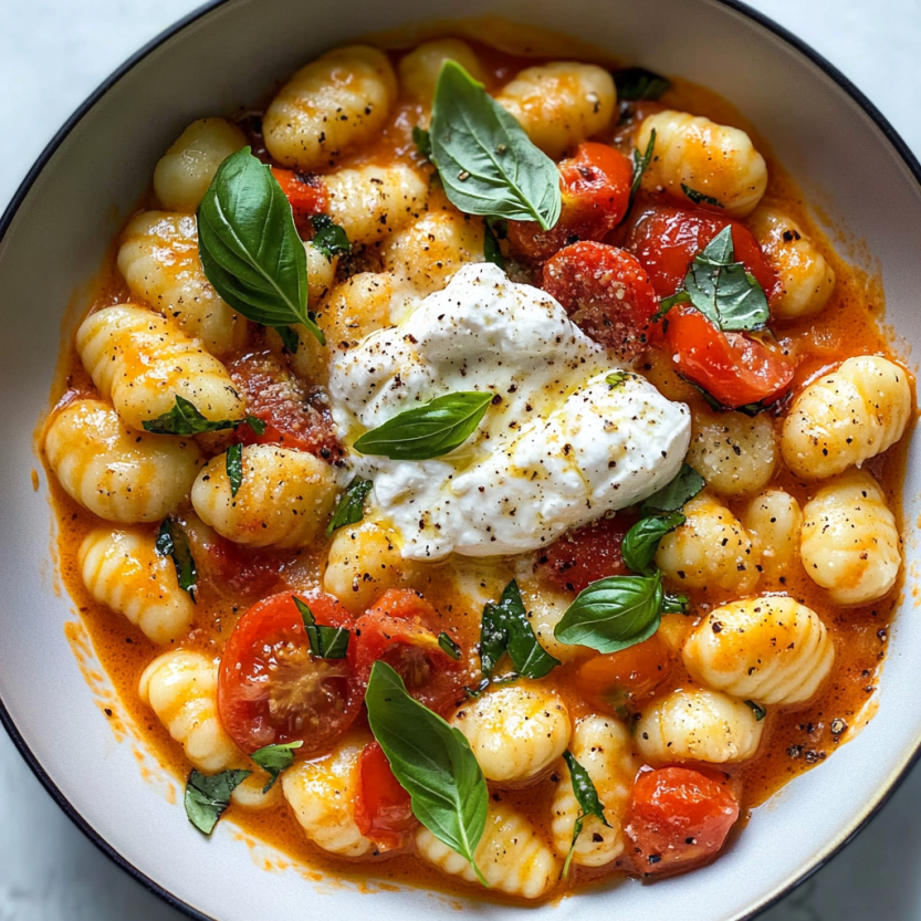 A plate loaded with tomato saucy gnocchi and creamy burrata cheese.