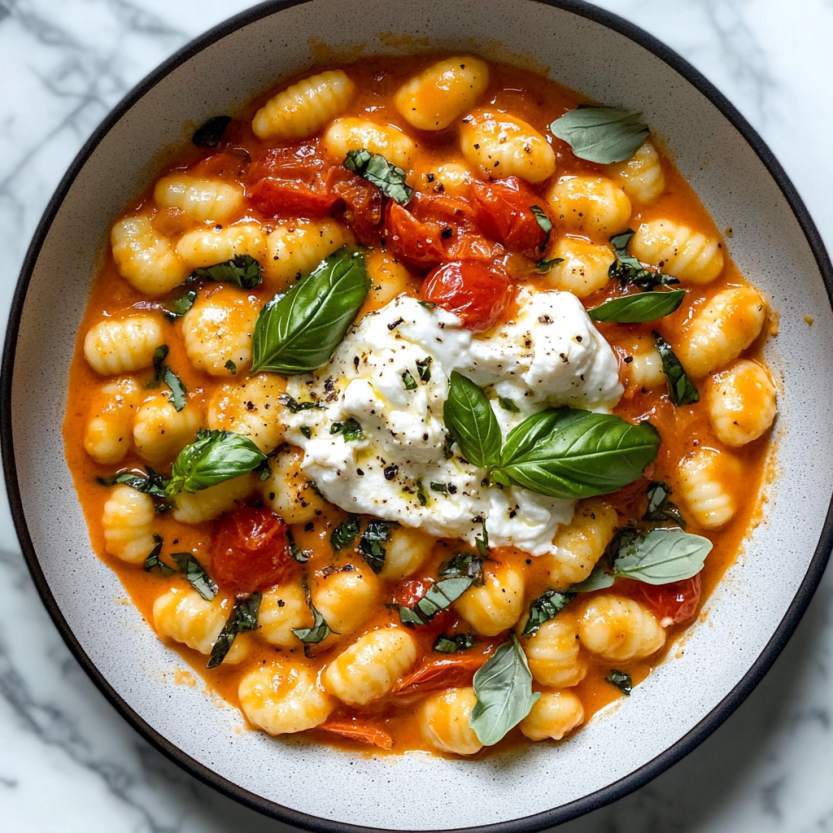 A plate of tomato-packed gnocchi topped with burrata cheese.