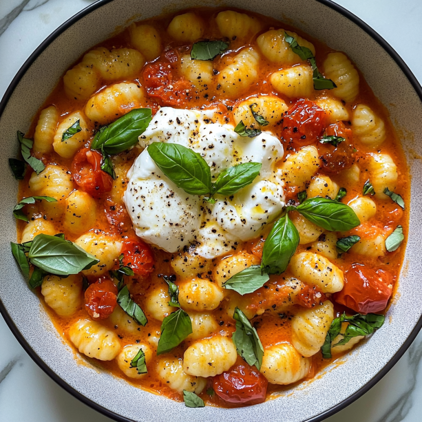 A bowl of tomatoey gnocchi and burrata cheese.