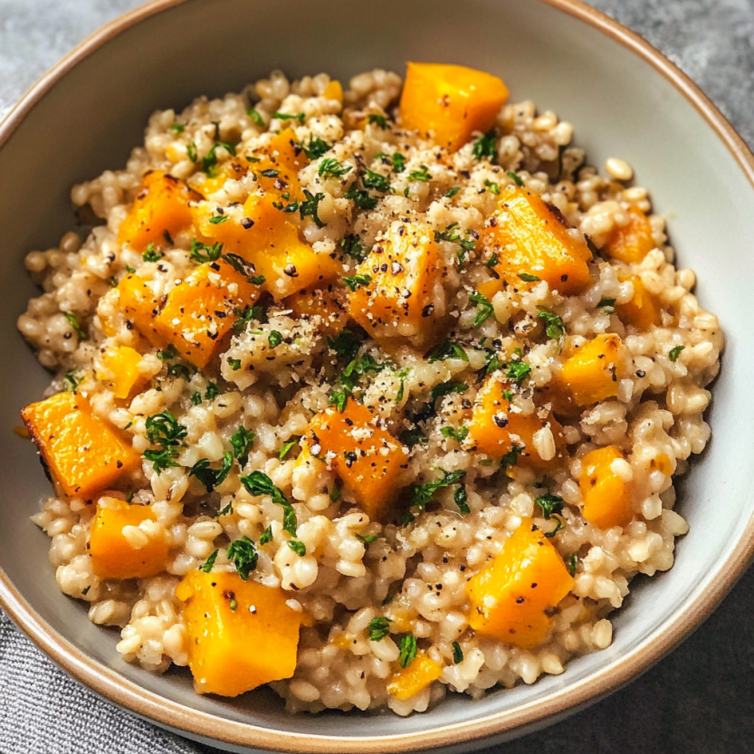 A plate of zucchini risotto with grains.