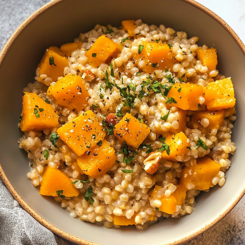 A bowlful of barley risotto with squash and greens.