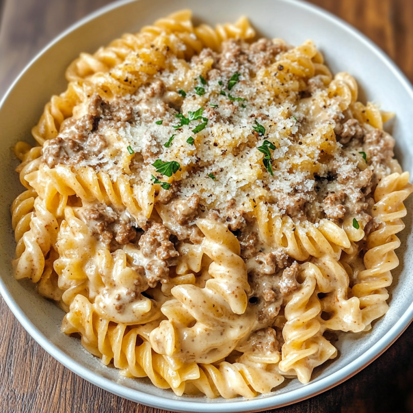 Une assiette de penne avec des morceaux de viande et des herbes sur un plateau.