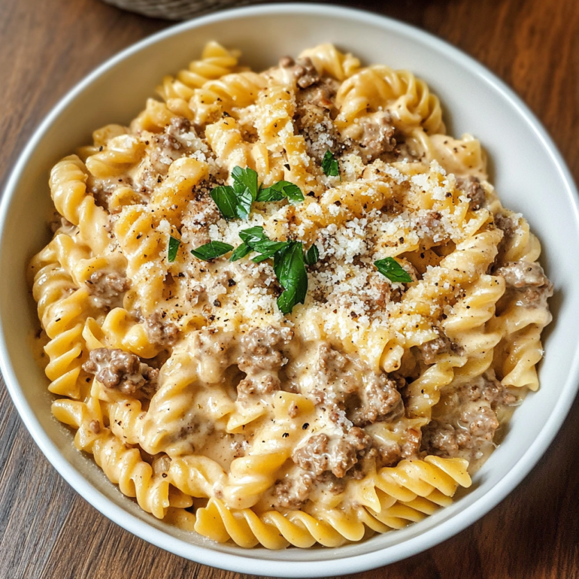 Une assiette de penne à la viande croustillante, avec des herbes fraîches sur le dessus.