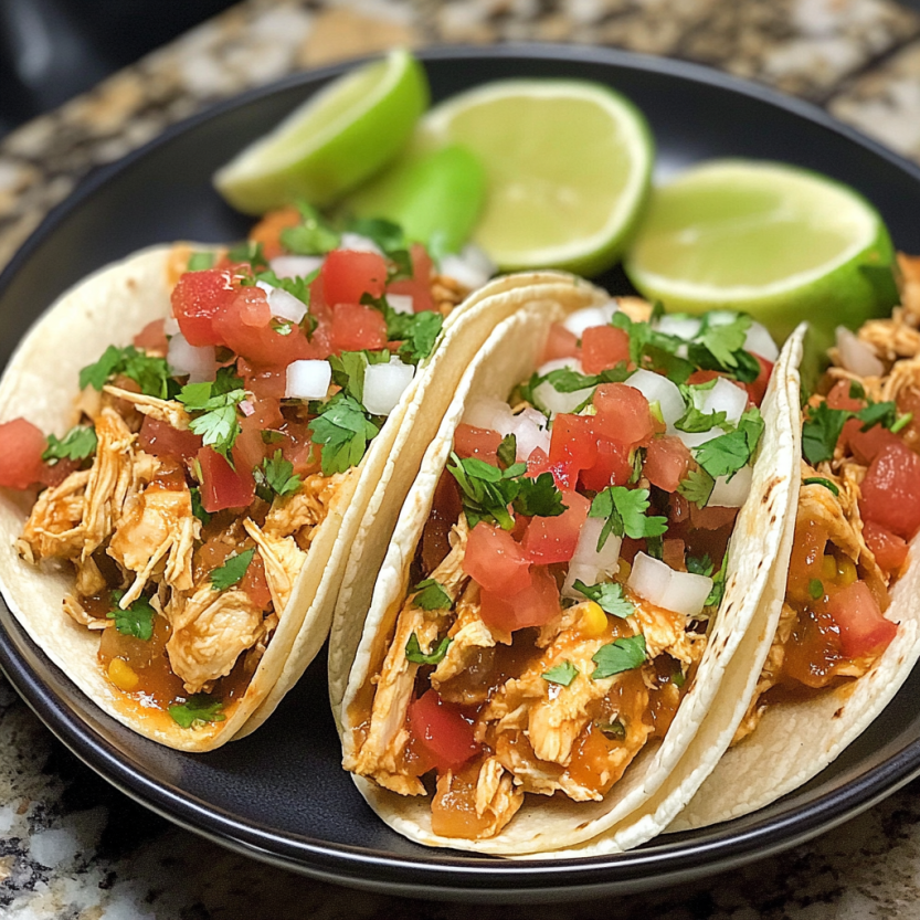 Chicken tacos stewing in a slow cooker.