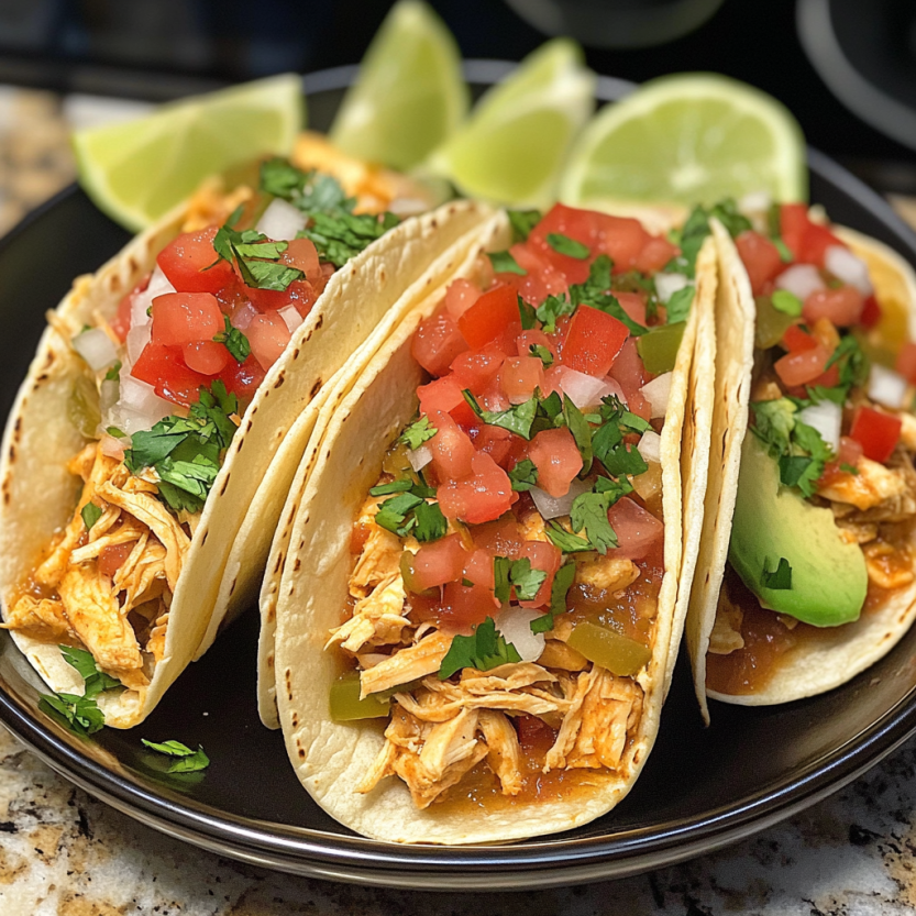 Loaded chicken tacos with lime and bright veggies.
