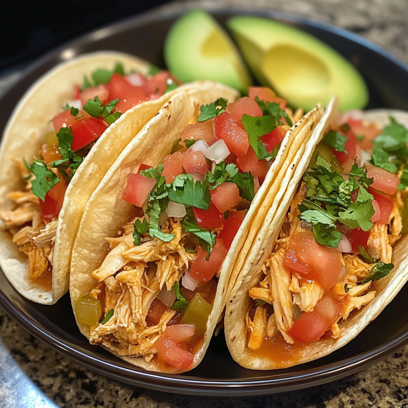 Slow cooker chicken tacos fresh out of the pot.