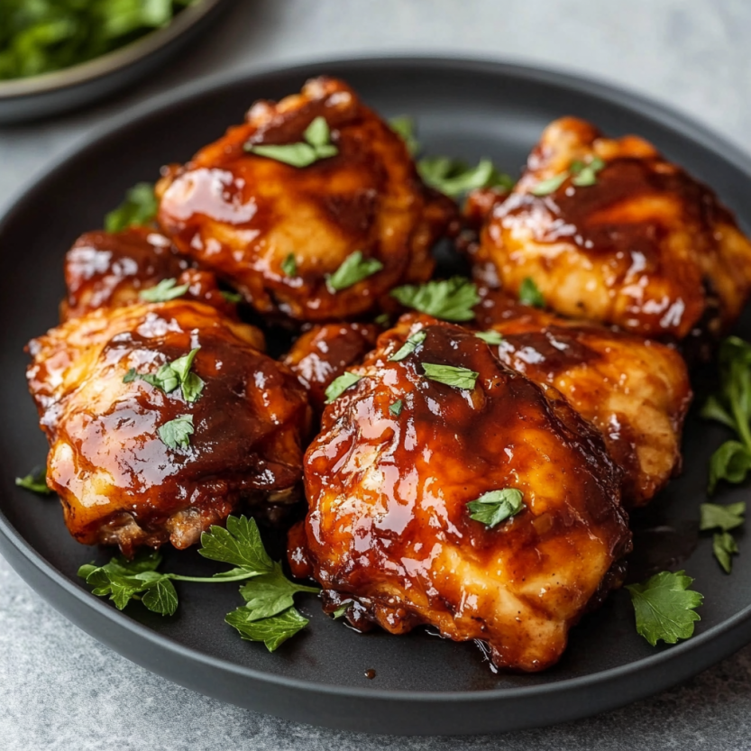 Platter stacked with BBQ chicken thighs.