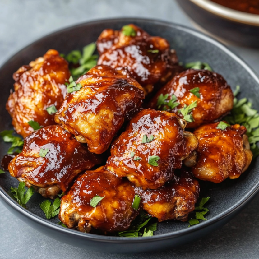 Grilled chicken thighs topped with BBQ sauce.